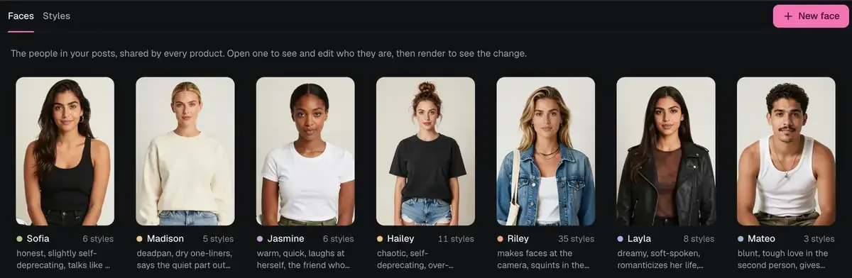 Slide-Easy's Faces screen: seven AI characters, each with a name, a personality line and a count of styles