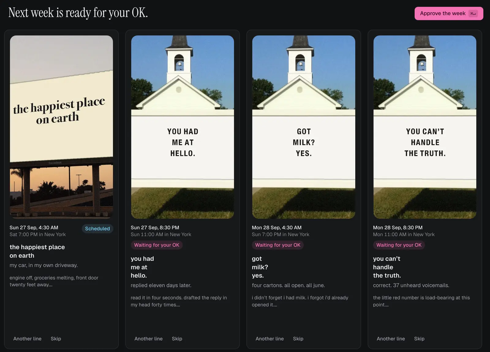 Slide-Easy Mac app: This week view with finished Instagram posts waiting for approval and an Approve the week button