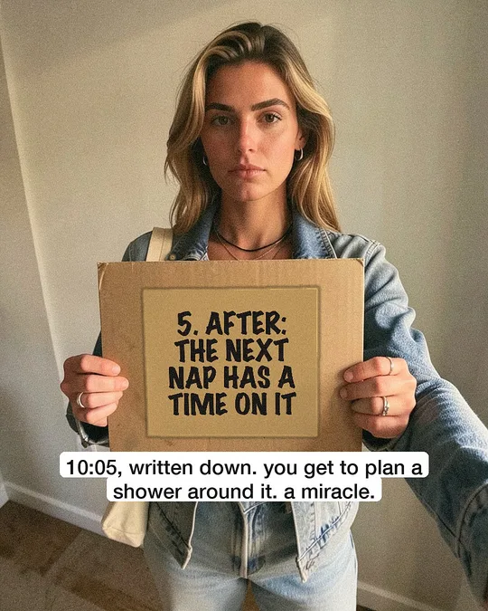 Sign template, slide 5 of a baby-sleep carousel: an AI character holds a cardboard sign reading 5. after: the next nap has a time on it