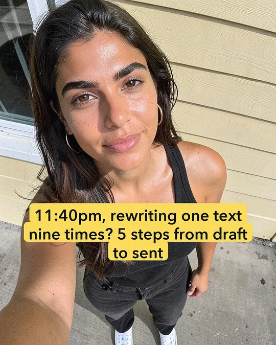Slide 1 of a carousel made by Slide-Easy for a dating app: an AI character selfie with yellow caption boxes, "11:40pm, rewriting one text nine times?"
