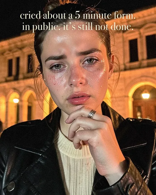 Instagram post made by Slide-Easy: a woman crying in a selfie at night, caption "cried about a 5 minute form."