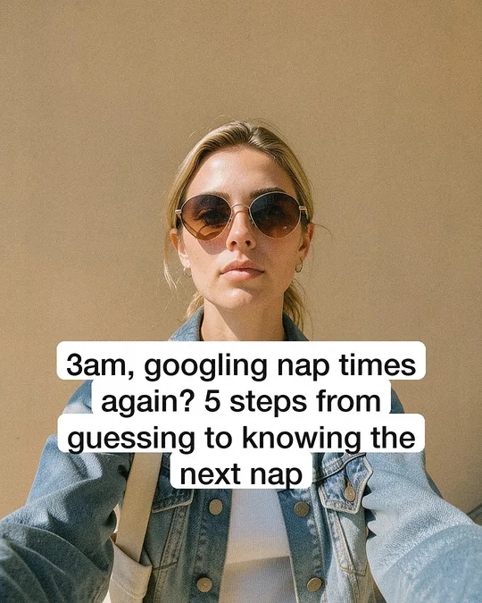 Slide 1 of a carousel made by Slide-Easy for a baby-sleep app: an AI character in sunglasses under the headline "3am, googling nap times again?"