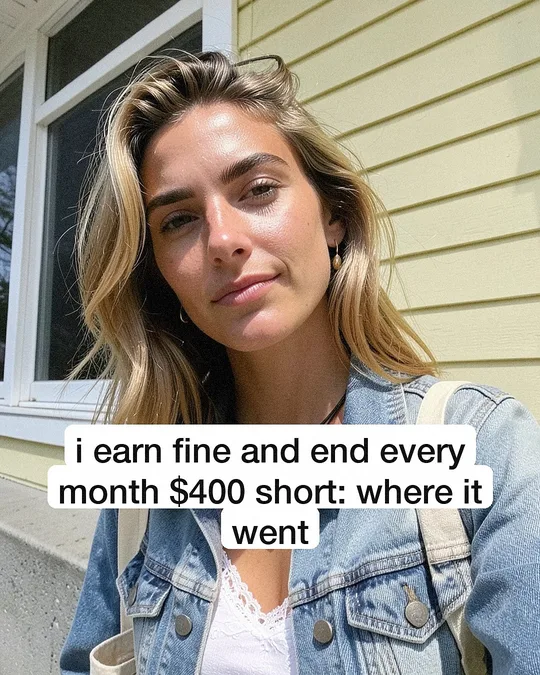 Slide 1 of a carousel made by Slide-Easy for a budgeting app: an AI character selfie with the headline "i earn fine and end every month $400 short"