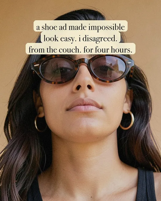 Instagram post made by Slide-Easy: a low-angle selfie with caption boxes, "a shoe ad made impossible look easy."