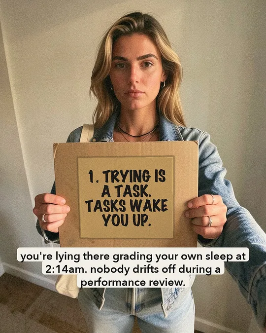 Sign template, slide 1 of a sleep carousel: an AI character holds a cardboard sign reading 1. trying is a task. tasks wake you up.