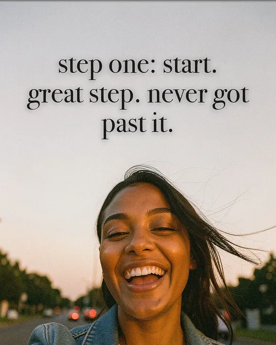 Instagram post made by Slide-Easy: a woman laughing at golden hour, caption "step one: start."